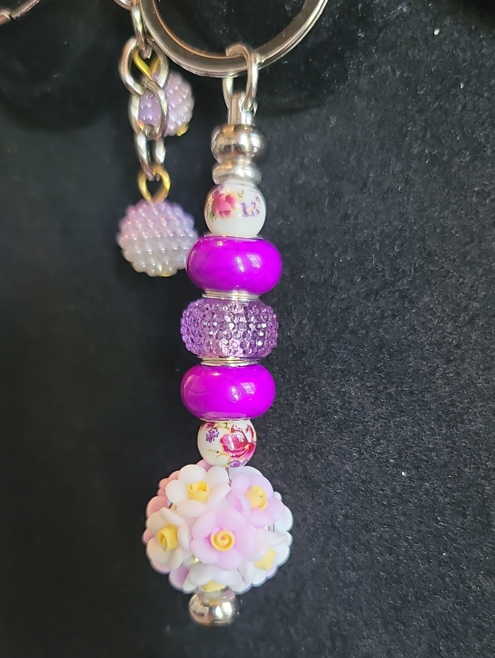 Purple Floral Bead Charm Keychain Necklace